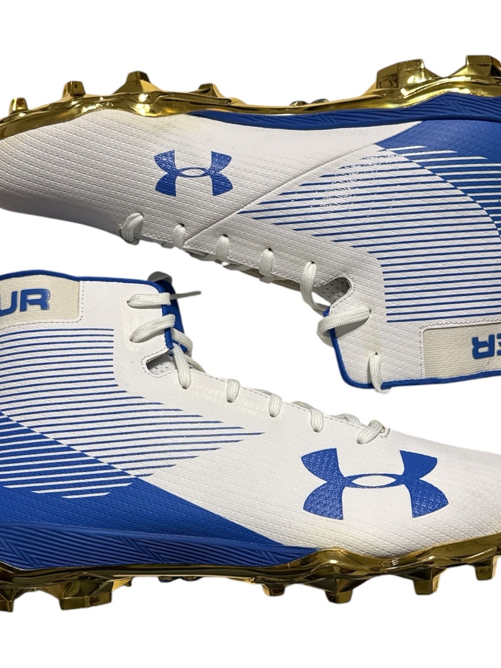 Under Armour men’s White Blue Athletic Cleats with Gold Studs